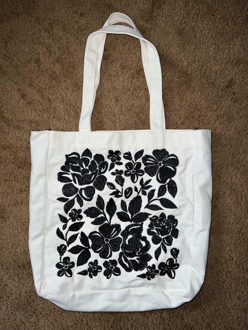 White Floral Canvas Tote Bag with Black Print